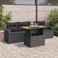 Градински комплект с възглавници, 5 части, черен полиратан