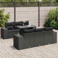 Градински комплект диван с възглавници 7 части черен полиратан