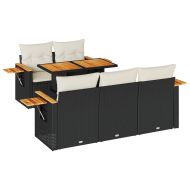 Градински диван с възглавници, 6 части, черен полиратан, акация