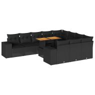 Градински диван с възглавници 10 части черен полиратан акация