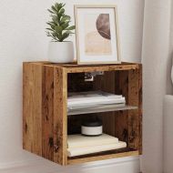 ТВ шкаф за стена с LED осветление Старо дърво 30x28,5x30 cm