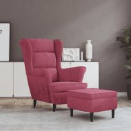 Фотьойл Wingback с табуретка, виненочервен, кадифе