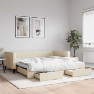 Канапе с изтеглящо легло и чекмеджета кремаво 100x200 см плат