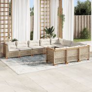 Градински диван с възглавници, 10 части, бежов полиратан