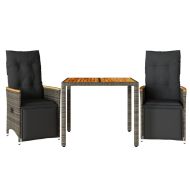 Градински бистро комплект с възглавници 3 части сив полиратан