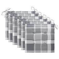 Градински столове, възглавници със сиво каре, 6 бр, тик масив