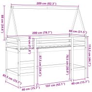 Таванско легло със стълба и покрив, 80x200 см, бор масив
