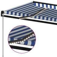 Ръчно прибиращ се сенник с LED, 500x350 см, синьо и бяло