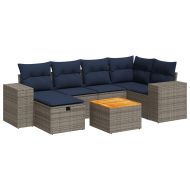 Градински диван с възглавници, 7 части, полиратан, сив