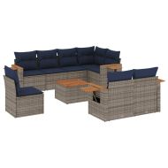 Градински диван с възглавници, 9 части, полиратан, сив