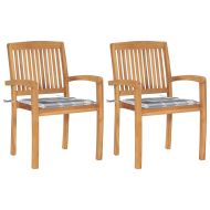 Градински столове, 2 бр, възглавници на сиво каре, тик масив