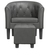 Объл фотьойл с табуретка за крака, сиво, изкуствена кожа