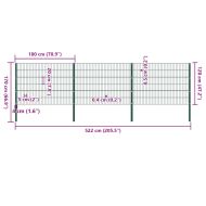 Ограден панел с железни стълбове, 522x120 см, зелен