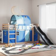 Двуетажно легло с пързалка и завеси, синьо, 80x200 см