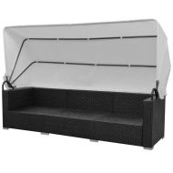 Градински комплект с навес, 7 части, черен полиратан