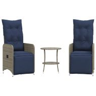 Градински столове с разтегателен механизъм, 2 бр., с маса, сиви, полиратан