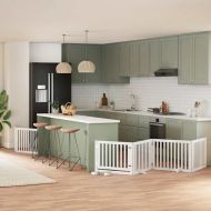 Сгъваема преграда за кучета с врата 6 панела бял 480 см топола