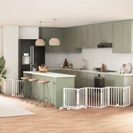 Сгъваема преграда за кучета с врата 9 панела бял 450 см топола