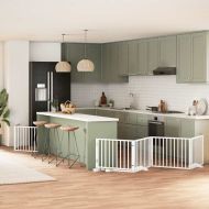 Сгъваема преграда за кучета с врата 10 панела бял 800 см топола