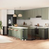 Сгъваема преграда за куче с врата 6 панела черна 480 см топола