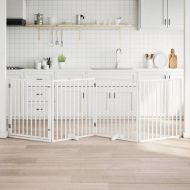 Кучешка порта с врата, сгъваема, 4 панела, бяла, 320 см, тополово дърво