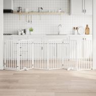 Кучешка порта с врата, сгъваема, 6 панела, бяла, 300 см, тополово дърво