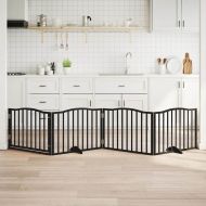 Кучешка порта с врата, сгъваема, 4 панела, черна, 320 см, тополово дърво