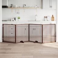 Кучешка порта с врата, сгъваема, 4 панела, кафява, 320 см, тополово дърво