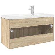 Шкаф за мивка за баня с вградена мивка, сонома дъб