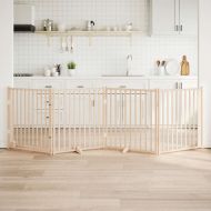 Кучешка порта с врата, сгъваема, 4 панела, 320 см, масивна дървесина, ела