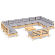 Градински комплект със сиви възглавници, 13 части, бор масив