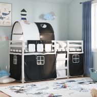 Двуетажно легло със завеси, бяло и черно, 80x200 см, бор масив