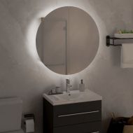 Шкаф за баня с кръгло огледало и LED, дъб, 47x47x17,5 см