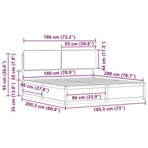 Леглова рамка с тапицирана гръбна част Светлосиво 180 x 200 cm