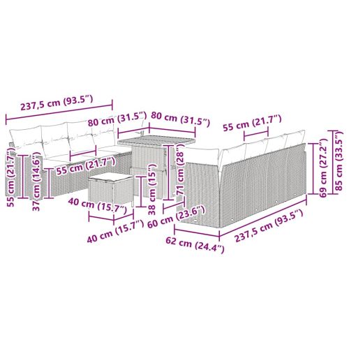 Градински Софа Комплект 11 pcs Сив полиратан
