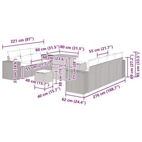 Градински Софа Комплект 10 pcs Сив полиратан