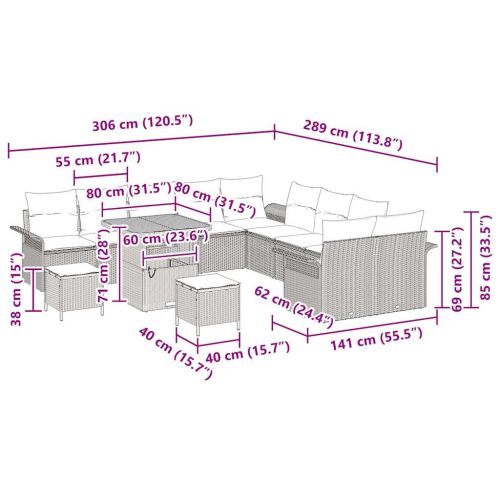 Градински Софа Комплект с възглавница 13 pcs Сив полиратан