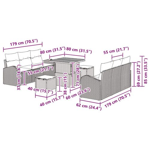 Градински Софа Комплект с възглавница 9 pcs Сив полиратан