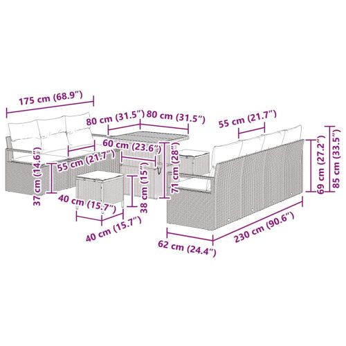 Градински Софа Комплект с възглавница 10 pcs Сив полиратан