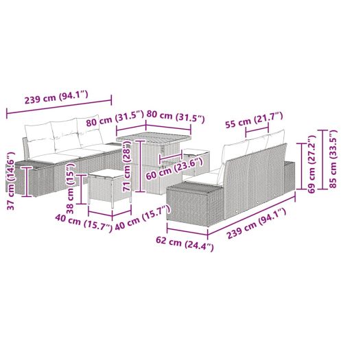Градински Софа Комплект с възглавница 9 pcs Сив полиратан