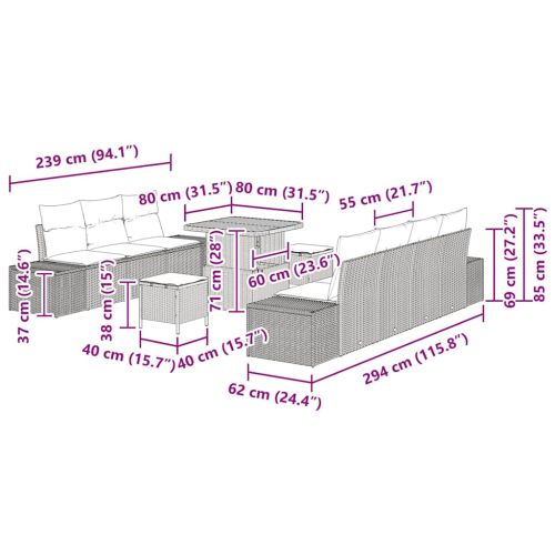 Градински Софа Комплект с възглавница 10 pcs Сив полиратан