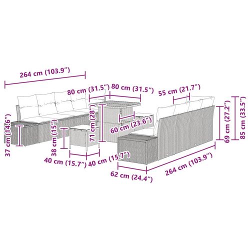 Градински Софа Комплект с възглавница 11 pcs Сив полиратан