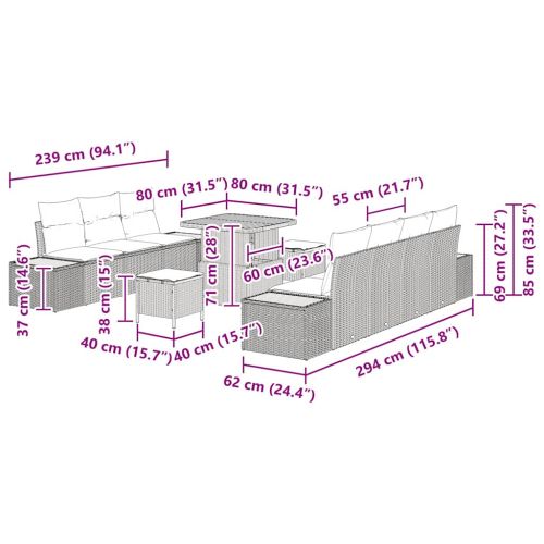 Градински Софа Комплект 10 pcs Сив полиратан