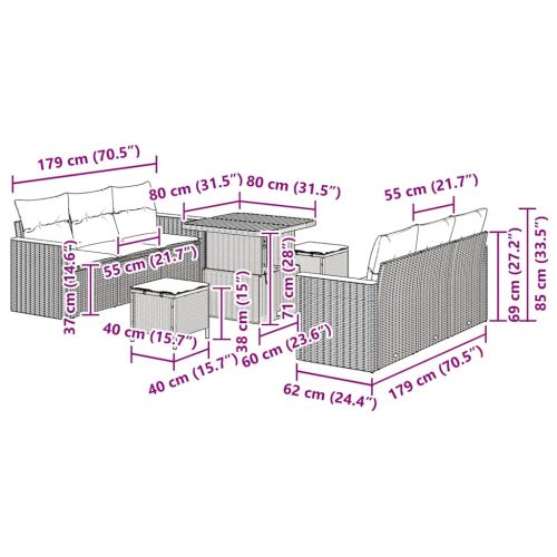 Градински Софа Комплект 9 pcs Сив полиратан