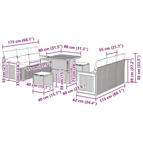 Градински Софа Комплект с възглавница 9 pcs Сив