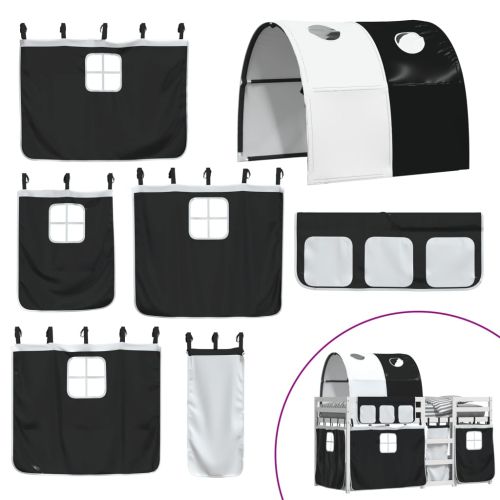 Двуетажно легло със завеси, бяло и черно, 90x200 см, бор масив