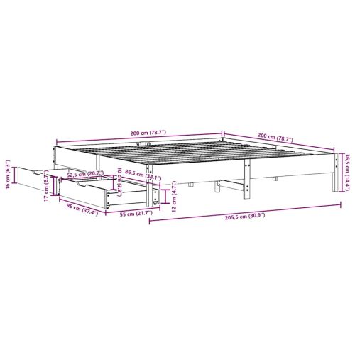 Рамка за легло без матрак, восъчнокафяв, 200x200 см, бор масив