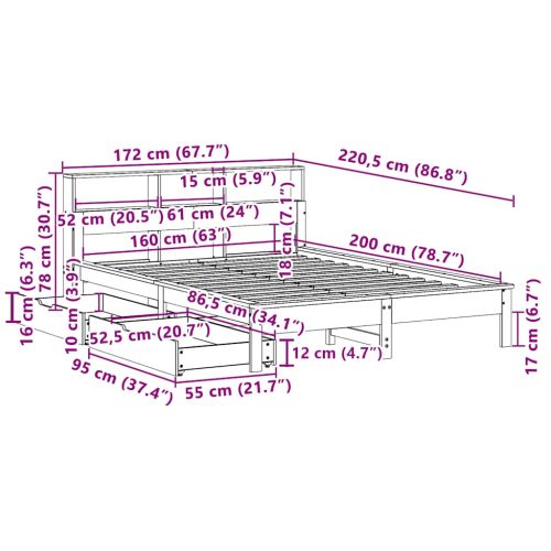 Легло с етажерка за книги, без матрак, 160x200 см, бор масив