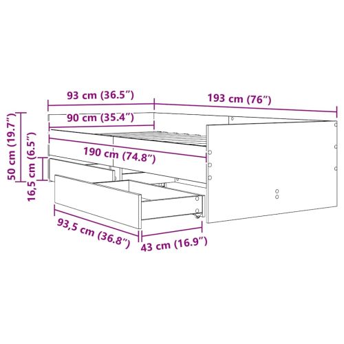 Рамка за легло с чекмедже Дъб 90 x 190 cm Солидно борово дърво