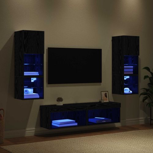 Телевизионен стенен шкаф 6 pcs Черния дъб Инженерно дърво